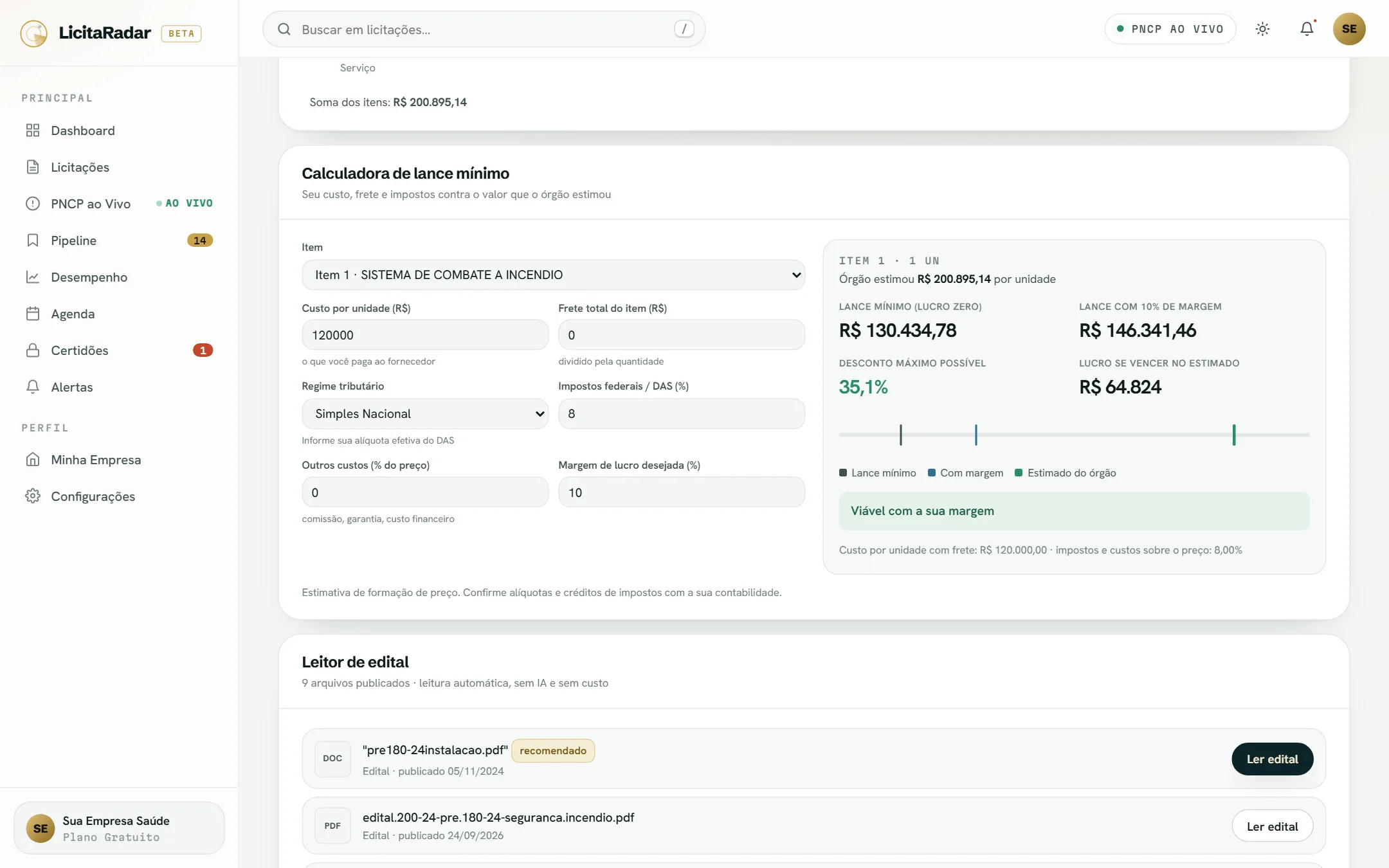 Calculadora de lance mínimo comparando custo e valor estimado