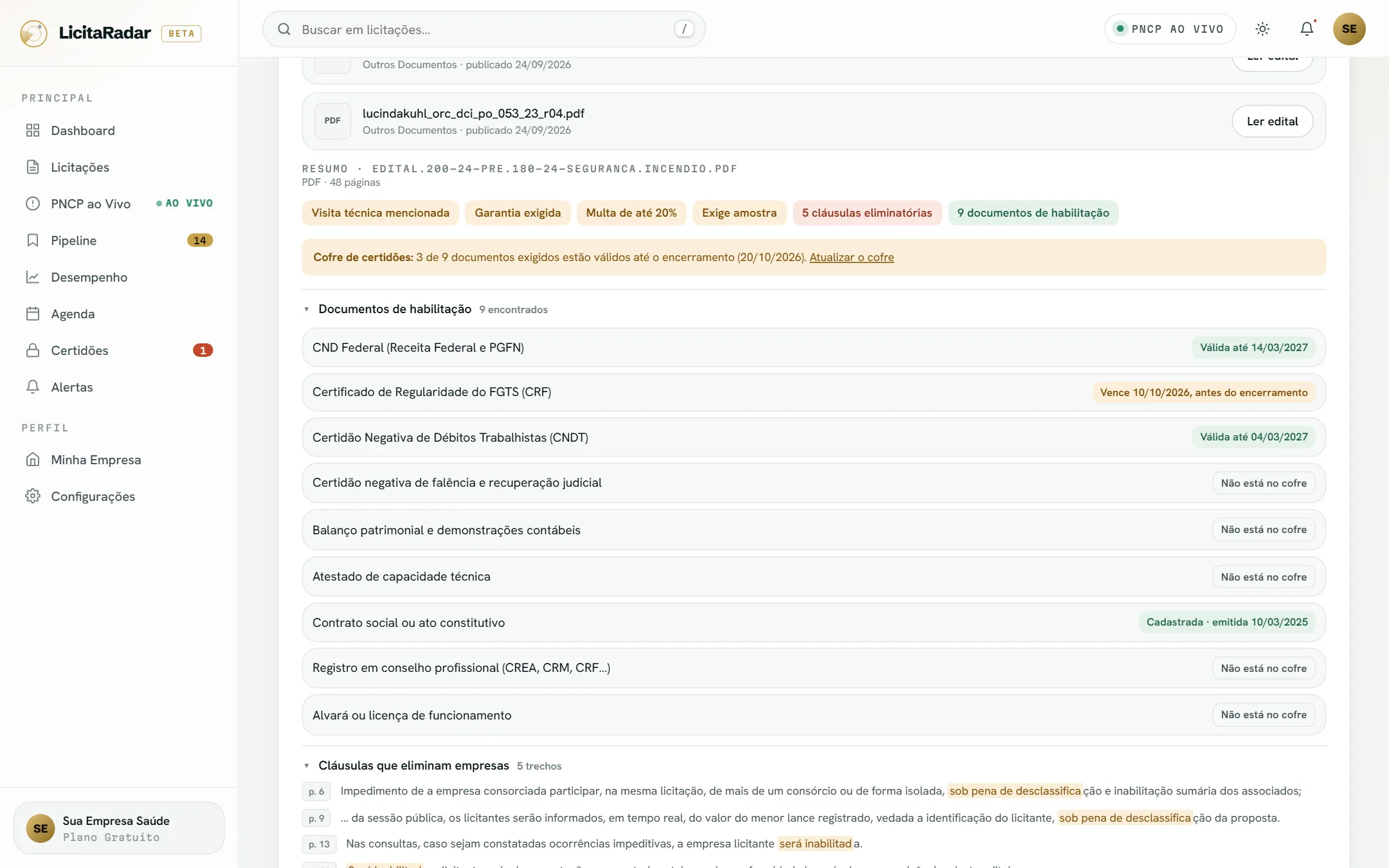 Leitor de edital com documentos de habilitação e cofre de certidões
